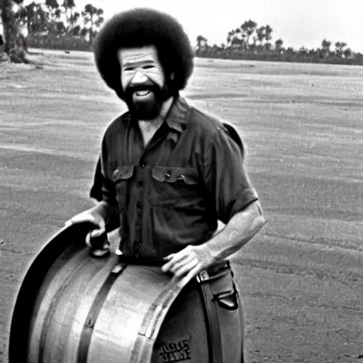 Image similar to bob ross rolling a metal barrel in the vietnam war