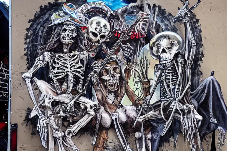 Image similar to skeleton heavy metal band live at coachella, art by danny flynn and simon bisley, trending on artstation, halfrear, oil and canvas, very very intricate, street art