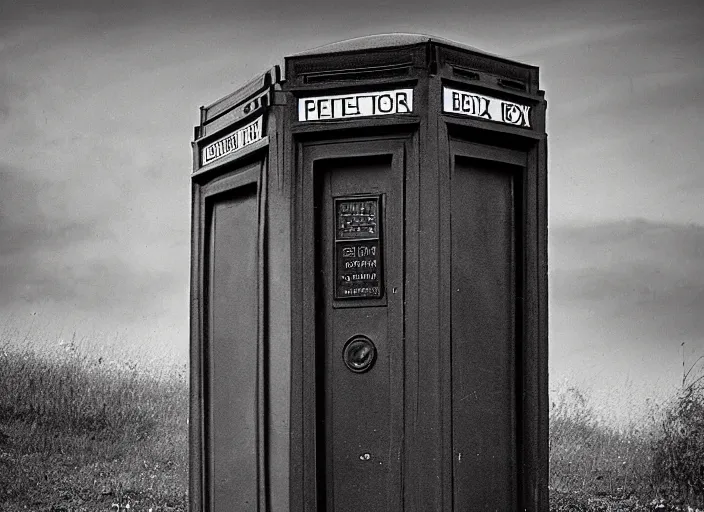 Prompt: photo of a metropolitan police box in suburban london, police box, 1930s, sepia, wide shot