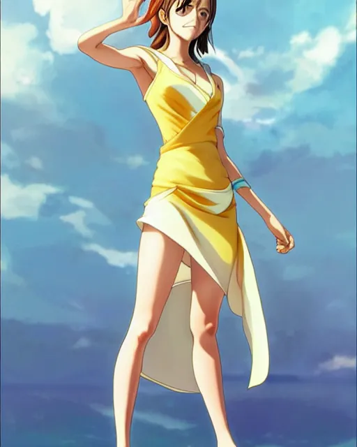 Image similar to emma watson as nami from one piece, simple cream dress, detailed perfect face, mid view, by artgerm, by studio muti, greg rutkowski makoto shinkai takashi takeuchi studio ghibli