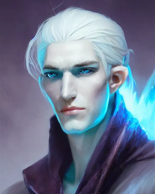 Image similar to character portrait of a slender young half elven man with white hair, piercing turquoise blue eyes, and pale blue skin, by greg rutkowski, mark brookes, jim burns, tom bagshaw, trending on artstation