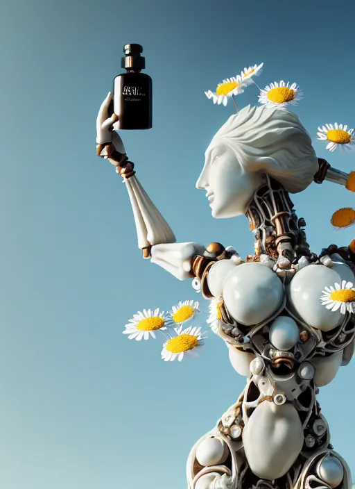 Prompt: biomechanical marble statue carrying a bottle of perfume covered in daisies, up close shot, sharp focus, global illumination, radiant light, alexandre ferra white mecha, irakli nadar, octane highly render, 4 k, ultra hd,