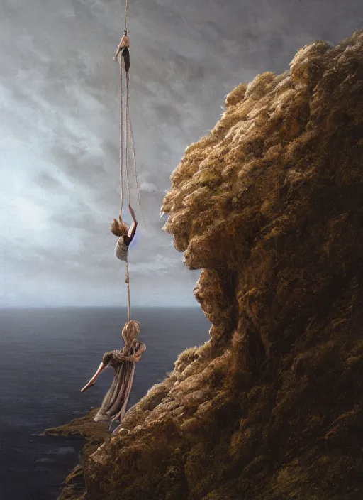 Prompt: close-up portrait action shot of Nicole Kidman hanging from a cliff ridge, Les Edwards, Zdzislaw Beksinski, Carl Gustav Carus, John Harris, Michal Karcz, Zhang Kechun, Mikko Lagerstedt, Scott Listfield, Steven Outram, Jessica Rossier