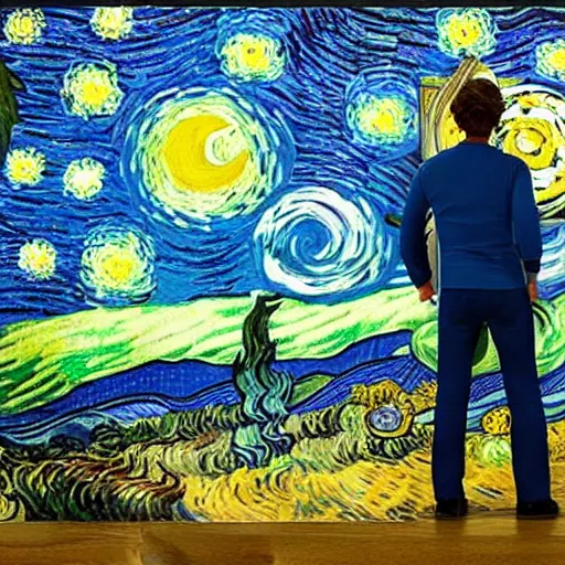 Image similar to prisoner vincent van gogh standing next to his painting starry night which is on an easel, stop motion vinyl action figure, plastic, toy, butcher billy style