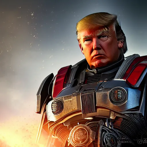 Image similar to portrat of donald trump! as optimus prime in ( gears of war ), transformers, splash art, maga!, patriot!, movie still, detailed face, photorealistic facial features, cinematic lighting, dramatic, octane render, long lens, shallow depth of field, bokeh, anamorphic lens flare, 8 k, hyper detailed, 3 5 mm film grain