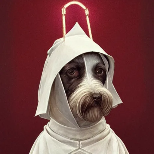 Image similar to portrait of a dystopian cute dog wearing an outfit inspired by the handmaid ’ s tale ( 2 0 1 7 ), intricate, headshot, highly detailed, digital painting, artstation, concept art, sharp focus, cinematic lighting, digital painting, art by artgerm and greg rutkowski, alphonse mucha, cgsociety