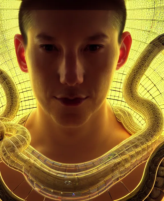 Image similar to intricate opulent transparent clear see - through portrait of handsome masculine snake, fractal, neon lights, circuitry, spaceport environment, ultra realistic, concept art, art nouveau, photorealistic, octane render, 8 k, unreal engine. art by nori inoguchi and sam kaplan and zachary goulko and christopher marley and artgerm and alphonse mucha