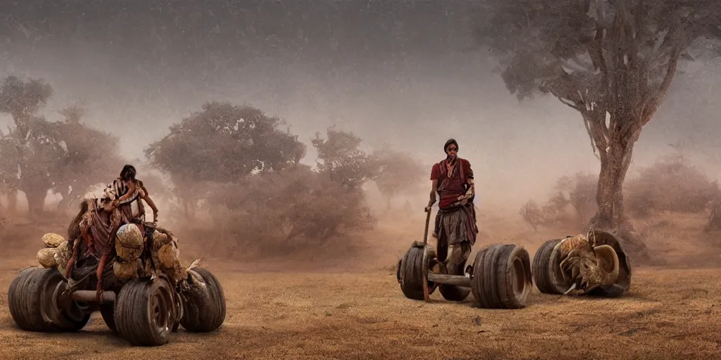 Image similar to photorealistic photo of an ancient indian tribesman on ancient makeshift atv with big wooden puffy wheels, hunting buffalo herd ,attacking, chase, action scene, an epic fantasy, dramatic lighting, cinematic, establishing shot, extremely high detail, photorealistic, cinematic lighting, artstation, octane render, by simon stalenhag, horizon forbidden west,old photo, high speed photography, vintage,