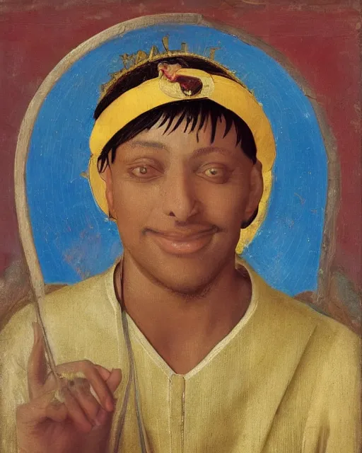 Image similar to rapper juice wrld legend rockstar smiling with a yellow halo above his head by fra angelico renaissance painting