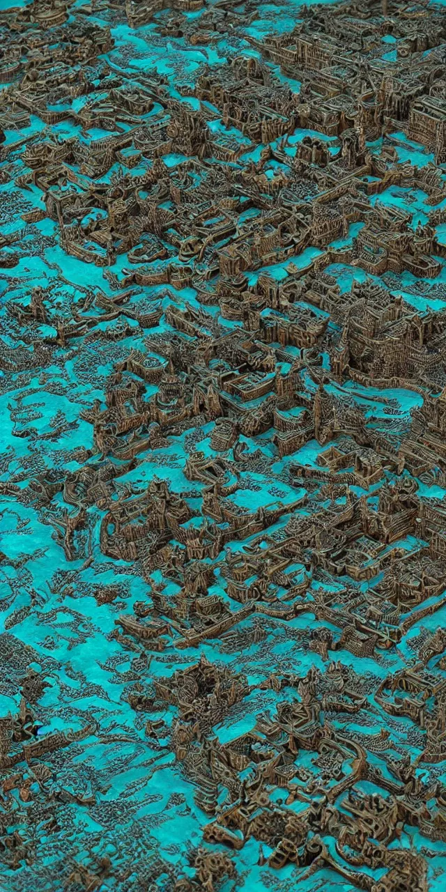 Image similar to an exquisite metallic 3 d map of a lost city of castles, black and teal, intricate, highly detailed, epic, marginalia, unreal engine