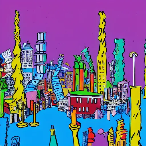 Image similar to city by dr seuss, with towers, bridges, stairs