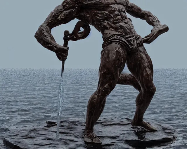 Image similar to a giant abstract sculpture of a legendary greek warrior god on the water, in the style of chad knight, award winning, cinematic, hyper - realistic, very detailed, realistic water splashes, ray tracing, 8 k resolution, long - shot, sharp focus, low angle, 8 5 mm photograph, wide lens