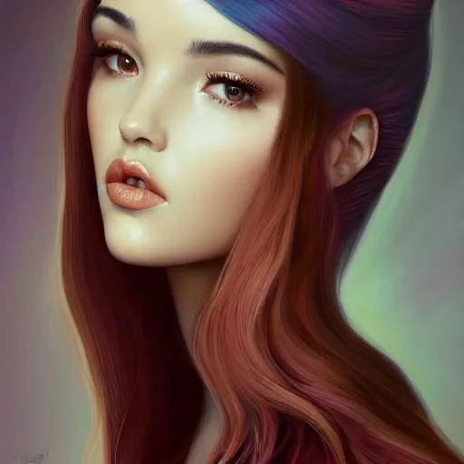 Image similar to tom bagshaw, very beautiful genetic mix of dove cameron madison beer bella poarch in a prietress dress, randomly lustrous colored hair, professionally retouched, focus eyes, ultra realistic soft painting, insanely detailed linework, symmetrical accurate intricate features, behance artstation, 8 k