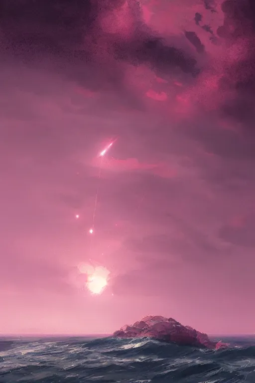 Prompt: a pink and gray meteor over the ocean, digital art, in the style of greg rutkowski, trending on artstation