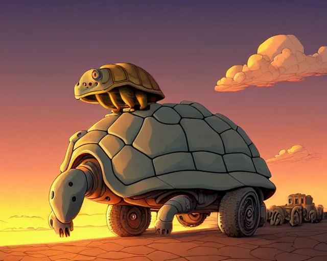 Image similar to a cell shaded cartoon giant grey lovecraftian mechanized tortoise from howl's moving castle ( 2 0 0 4 ), with a big head, on a desert road, wide shot, sunset, golden hour, muted colors, post grunge, josan gonzales, wlop, by james jean, victor ngai, hq, deviantart, art by artgem