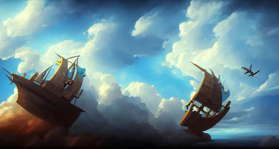 Prompt: a large wooden fantasy ship flying through the clouds with blue sky, andreas rocha style