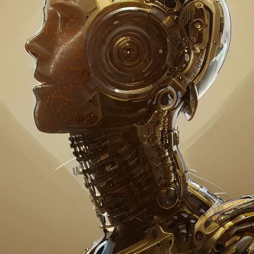 Image similar to headshot of humanoid robot from ex machina, intricate, headshot, highly detailed, digital painting, artstation, concept art, sharp focus, cinematic lighting, illustration, art by artgerm and greg rutkowski, alphonse mucha, cgsociety