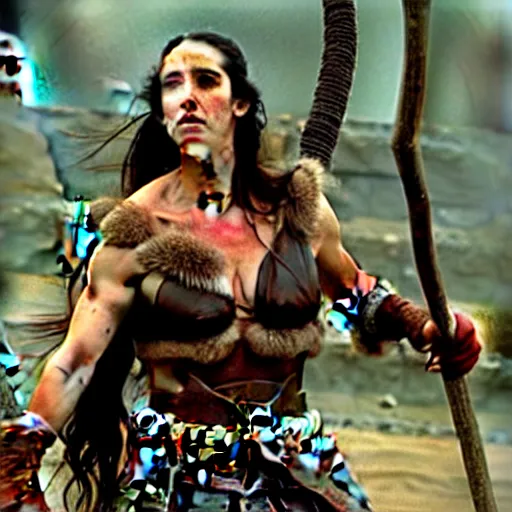 Image similar to jennifer connelly as a barbarian warrior, battle scene