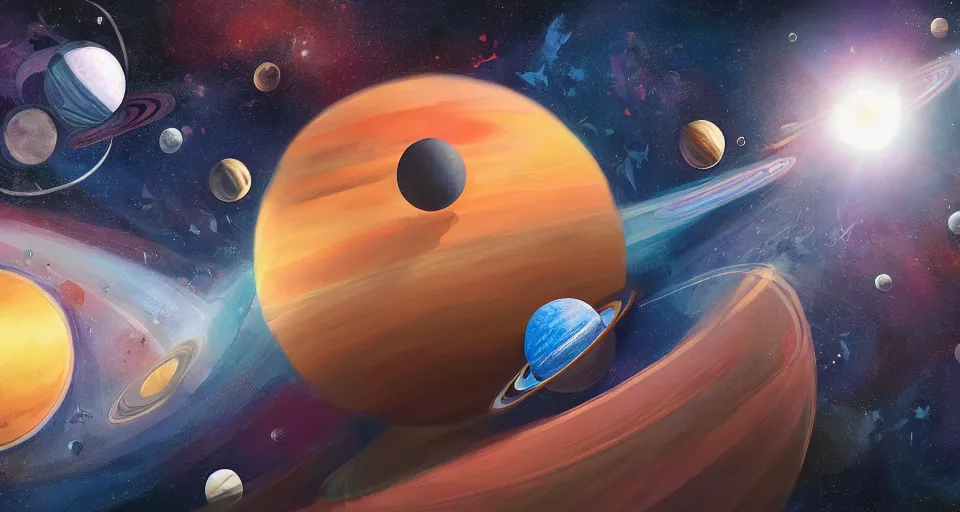 Prompt: A beautiful artwork illustration, an outer space exhibit cluttered with planets, featured on artstation, wide angle, horizontal orientation