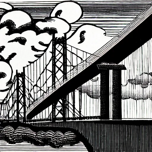 Image similar to steel suspension bridge built in 1 9 2 8, side view, clouds in background, woodcut style, 4 k