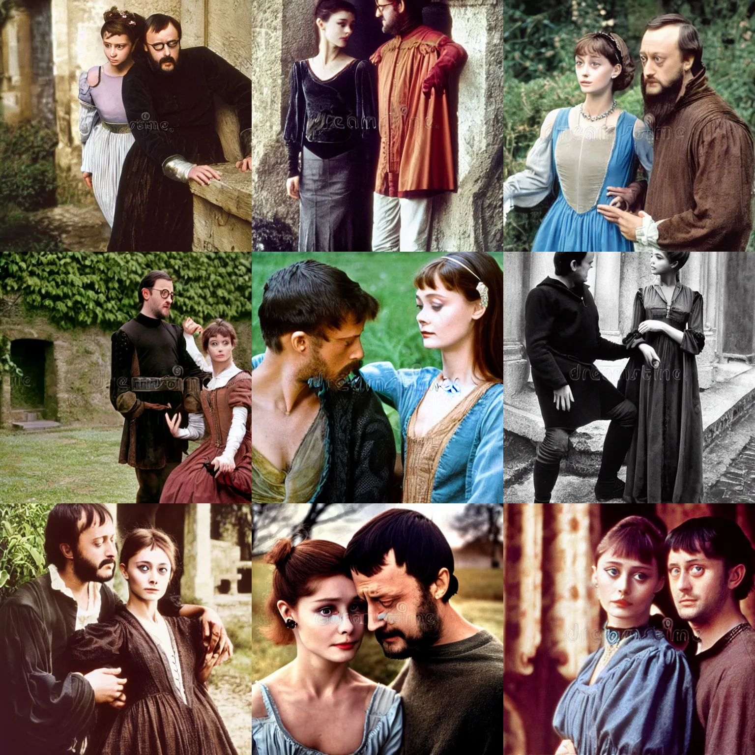 Prompt: hamlet ( young jean reno without subglasses ) and ophelia ( young audrey hepburn ) in the 1 6 th century denmark, drama play stock photo by steve mccurry