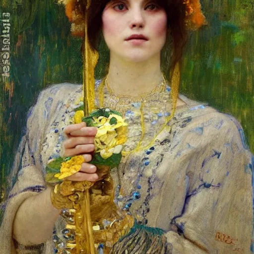 Image similar to Richard Schmid and Jeremy Lipking and Gustav Klimt portrait painting of a young beautiful woman priestess victorian orientalist in elaborate costume