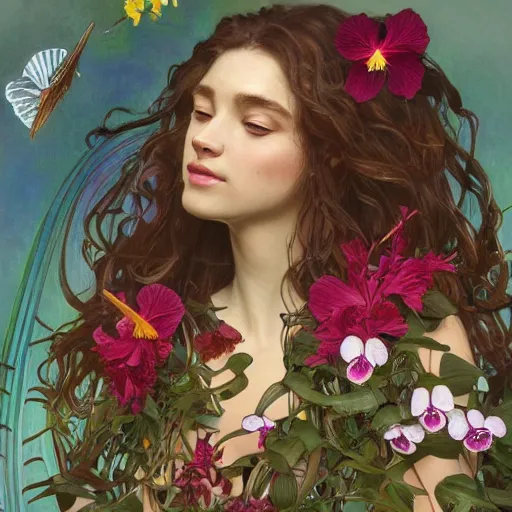 Image similar to a beautiful fine art portrait photo of a resting cyborg, wavy hair spread out, surrounded by hibiscus, daffodils, moth orchids, montsera leaves by alphonse mucha and zach sutton, soft lighting, very detailed, deep depth of field, artstation, 4K