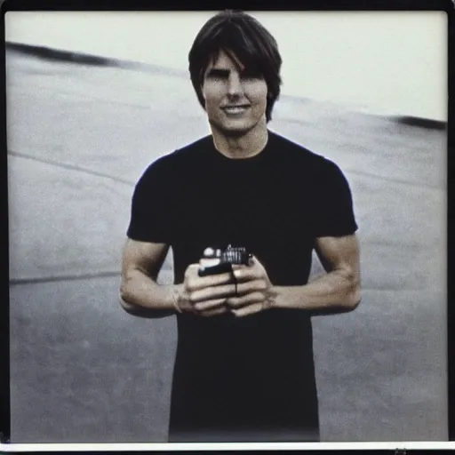 Image similar to Polaroid of Tom Cruise very close to tv 1983