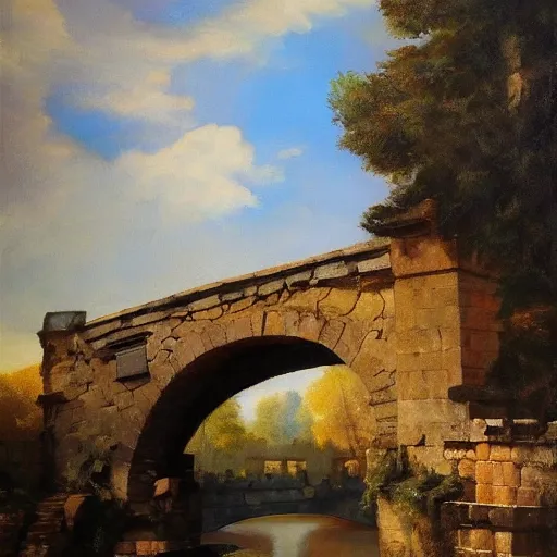 Image similar to modern stylized oil painting of medieval stone bridge, very very very beautiful, funny structure, romanticism by goya, bright art, cinematic dramatic lighting, plants and water