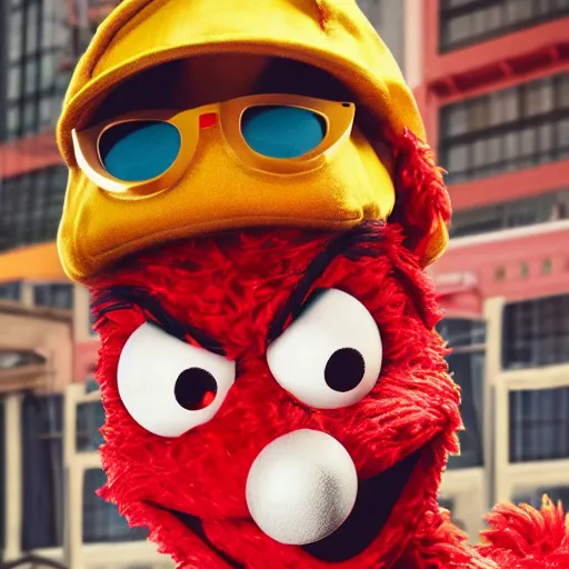 Image similar to Elmo from sesame street dressed up as a mega stylish rapper, wearing a hoodie and gold chain and backwards hat, in New York City, highly detailed, 4K, moody lighting, 90’s vibe, 3d render, octane redshift, 8k