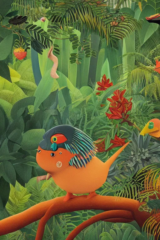 Image similar to rare bird in the jungle, night, stars, highly detailed, unreal engine render concept art, style of henri rousseau and richard scarry and hiroshi yoshida