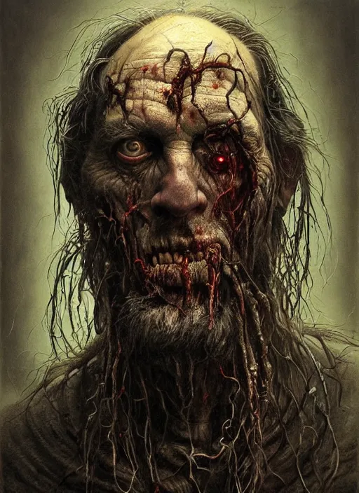 Image similar to portrait of a 6 0 year old giant man zombie with long tattered tangles of thinning black hair, eerie glowing eyes, wall hanging trophy taxidermy, hyper realistic head, fantasy art, in the style of greg rutkowski, zdizslaw beksinski, intricate, alphonse mucha, hyper detailed, smooth