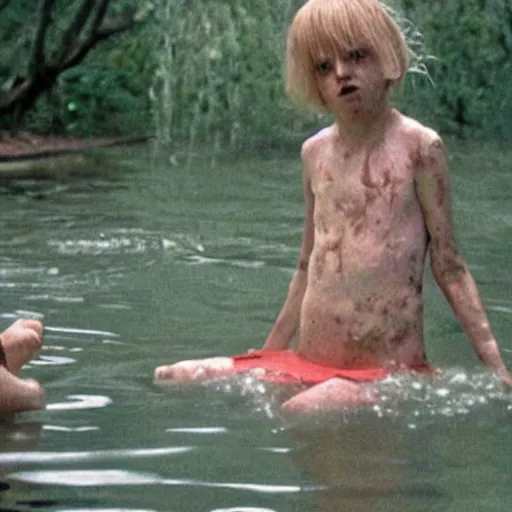 Image similar to a ghost resembling a kid is drowning while a ghost resembling a woman watches, insanely detailed, photorealism, from the movie Gummo