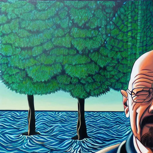 Prompt: an optical illusion painting of Walter white amidst a painting of trees water and sky