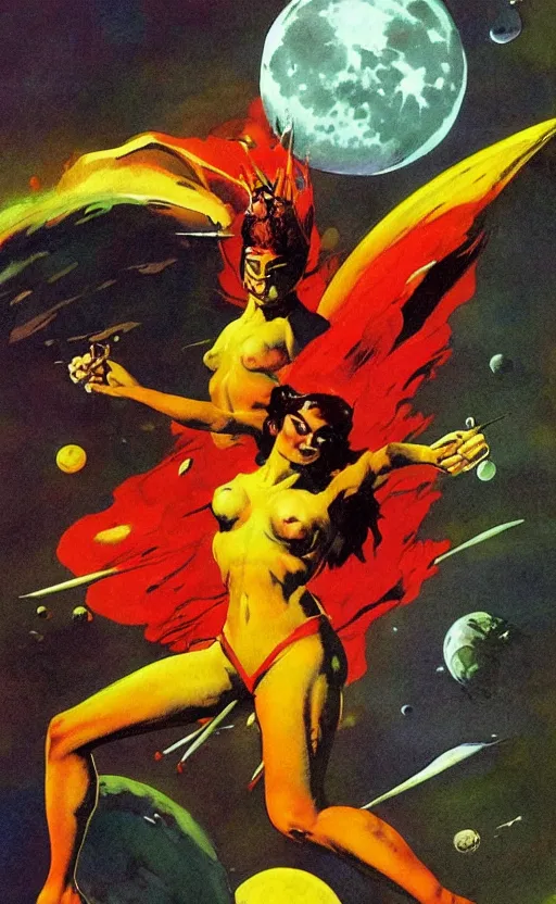 Prompt: queen the moon, by frank frazetta, alien landscape, vibrant colors, red green yellow, minimalist