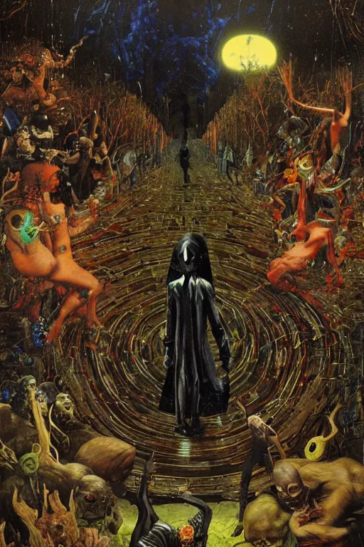 Image similar to one dark figure taming a supercomputer made of nervous system, channeling third eye energy, surrounded by a background of dark cyber mystic garden of earthly delights, midnight hour, painted part by wojciech siudmak, part by ilya repin, part by norman rockwell, part by hype williams, artstation