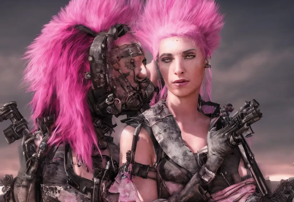 Image similar to beautiful apocalyptic woman with pink Mohawk, posing on mad max panzer tank, 4k ultra hd, fantasy dark art, artstation, octane render