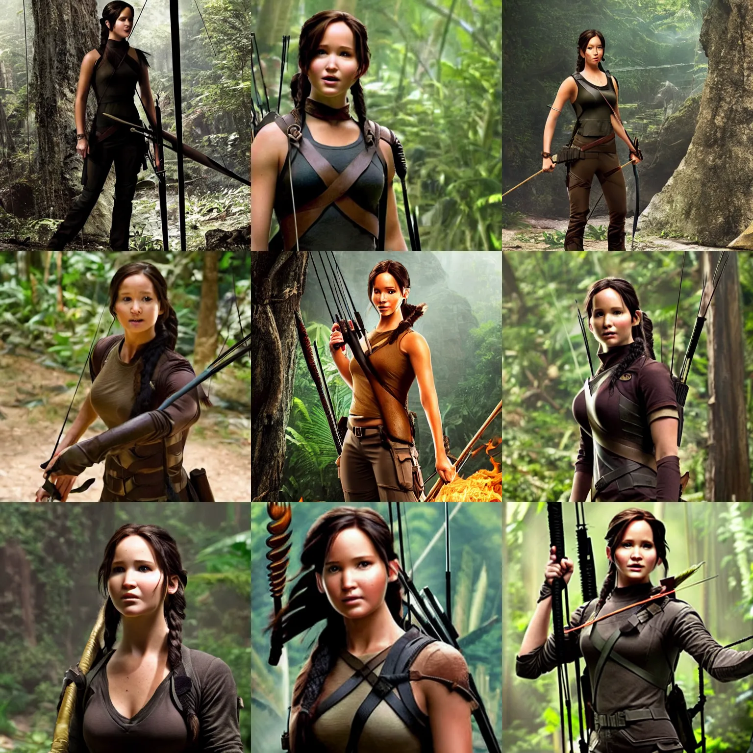 Prompt: Katniss Everdeen as Lara Croft, discovering El Dorado, a city built from gold in a jungle