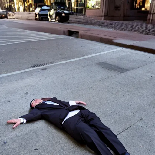 Image similar to A smiling chubby white clean-shaven man dressed in a chocolate brown suit and necktie and black shoes is laying on the ground in New York city.