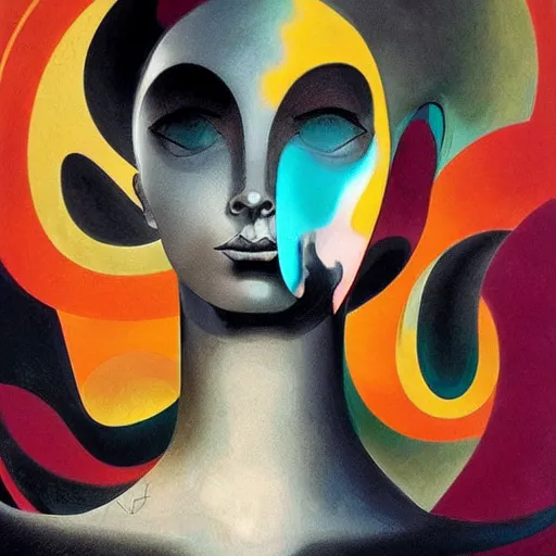 Prompt: epic concept art. abstract female face silhouette mixing with black and color liquid fluid. abstract sculpture. art deco swirls. masterpiece, michelangelo. concept art, matte painting. symbolism. section d'or, futurism, cubism, modernism. greg rutkowski, wlop, victo ngai, kandinski