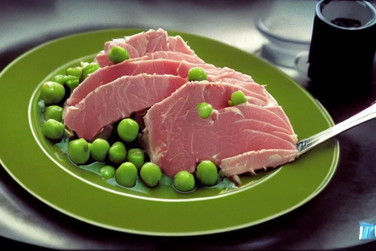 Image similar to tuna and peas aspic in cyberspace, in 1 9 9 5, y 2 k cybercore, industrial low - light photography, still from a ridley scott movie