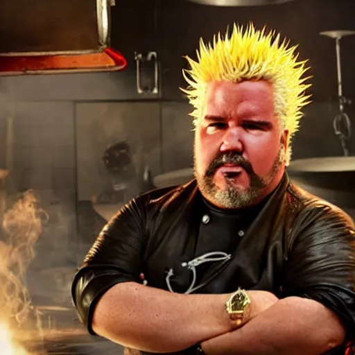 Prompt: guy fieri, turning into an eldritch horror with tentacles, hair sharp like blades, bathing in a giant pan filled with boiling oil, film still from the movie directed by denis villeneuve with art direction by salvador dali