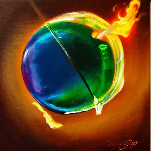 Image similar to soap bubble with fireball inside, oil painting