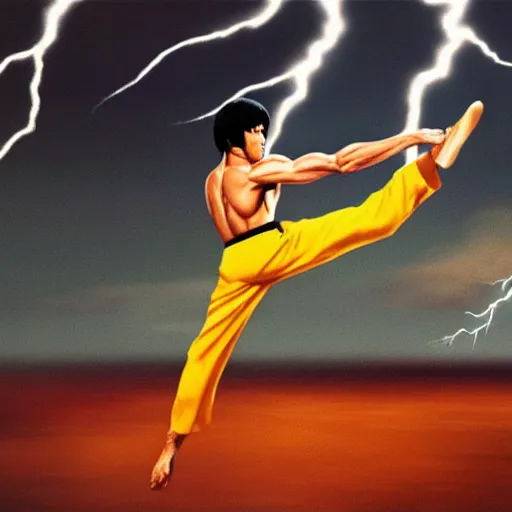 Image similar to Bruce Lee doing a kick in front of a lightning striking in the background,HD, high resolution, hyper realistic, 4k, intricate detail