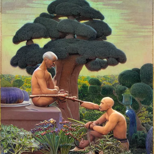 Prompt: Muscular African gardener cutting bonsai trees, grey Hair, idyllic Garden, by Annie Swynnerton and Nicholas Roerich and jean delville, glowing paper lanterns, strong dramatic cinematic lighting , ornate tiled architecture, lost civilizations, smooth, sharp focus, extremely detailed