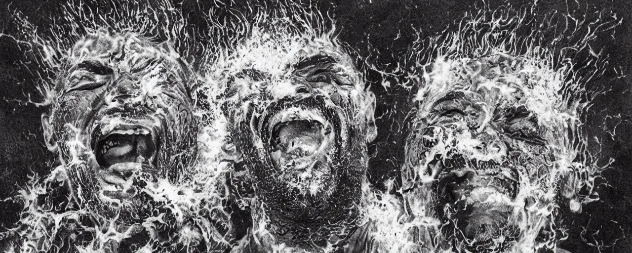 Image similar to portrait of a mad man screaming and laughing with lava bursting from the eyes, black ink stain, by Jimbo Phillips,