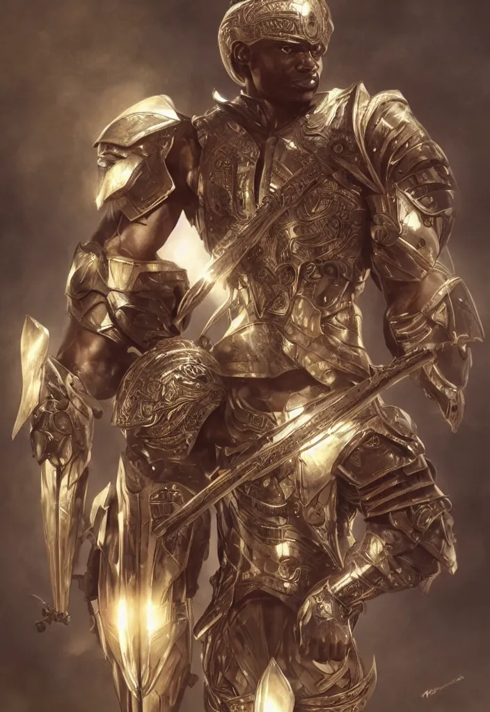 Image similar to anl muscular african warrior wearing futuristic armor holding a shield, standing in a heroic pose, ultra realistic, concept art, intricate details, eerie, horror, highly detailed, photorealistic, octane render, 8 k, unreal engine. art by artgerm and greg rutkowski and alphonse mucha