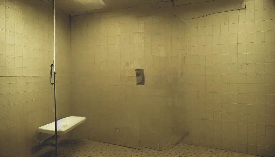 Prompt: 60s movie still of a sovietic stalinist style empty clean prison shower with yellow tiles, cinestill 800t 50mm eastmancolor, liminal Space style, heavy grain