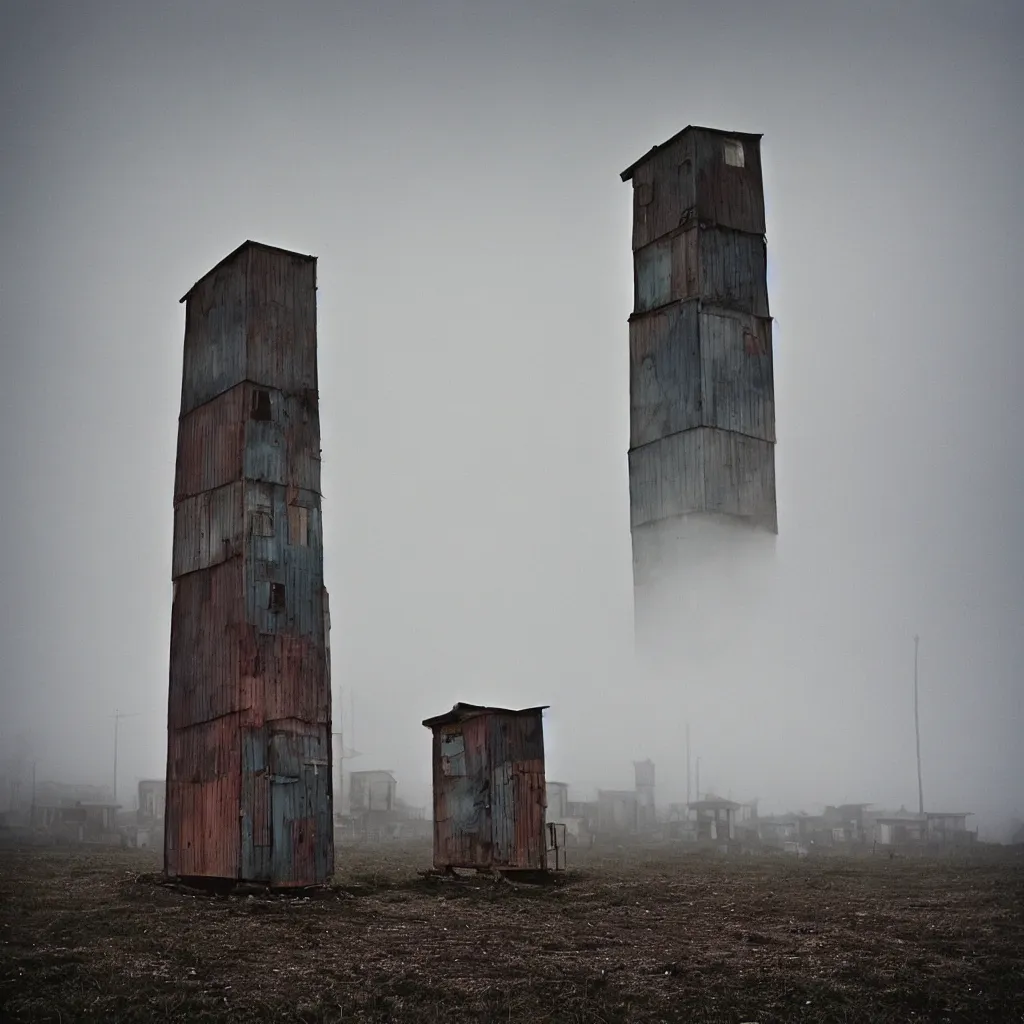 Image similar to two towers, made up of makeshift squatter shacks with faded colours, moody clludy sky, uneven fog, dystopia, mamiya, f 1 1, fully frontal view, photographed by jeanette hagglund