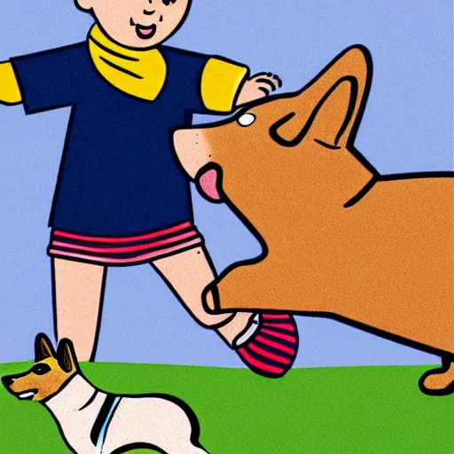 Image similar to illustration of french boy in paris playing football against a corgi, the dog is wearing a polka dot scarf